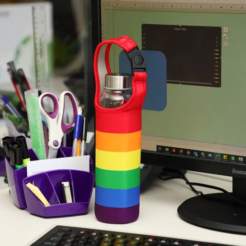 Rainbow Reusable Glass Water Bottle with Protective Sleeve
